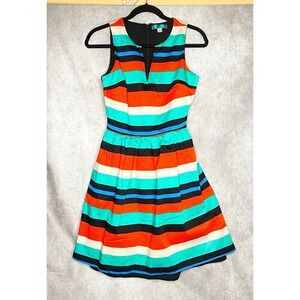 Pim + Larkin Fit & Flare Small Sleeveless Dress Red Black Mint White Striped EUC